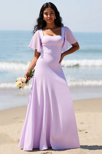 Robe de demoiselle d’honneur longue en mousseline de soie lilas